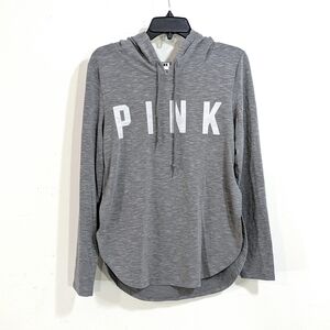 PINK Victoria's Secret Grey Rounded Split Hem Hooded T-shirt - Size Small Womens